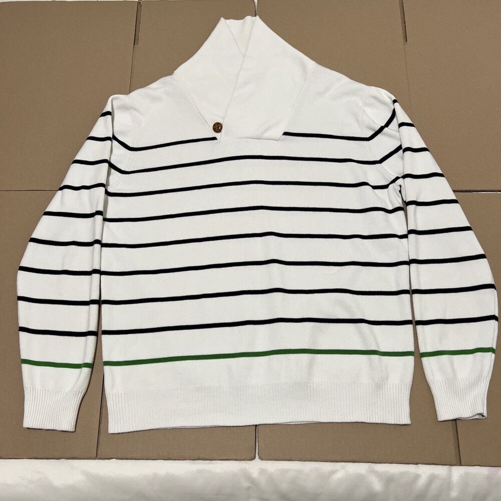 Grayson & Dunn Sweater Men’s L White Black Striped Cotton Shawl Collar Pullover